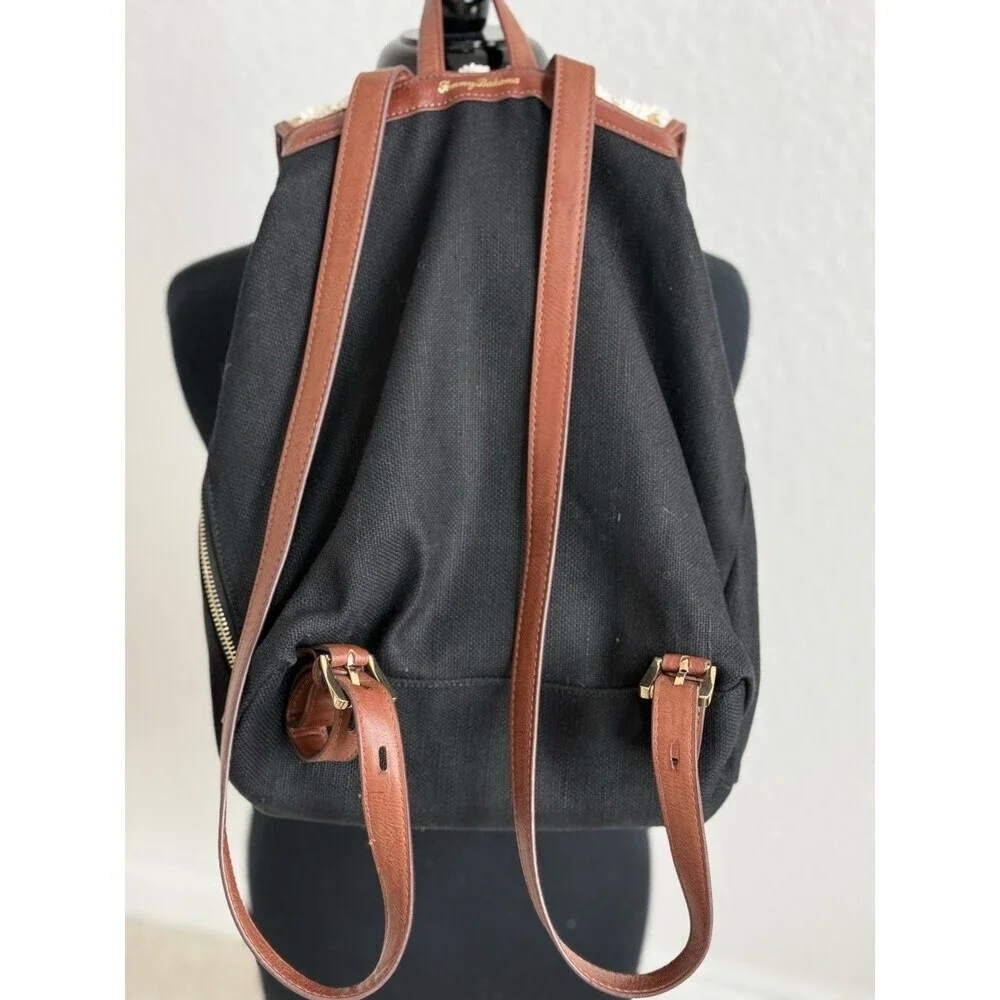 Tommy Bahama Koki Beach Backpack 13x11x4 Linen Cotton Black Mixed Media Pockets